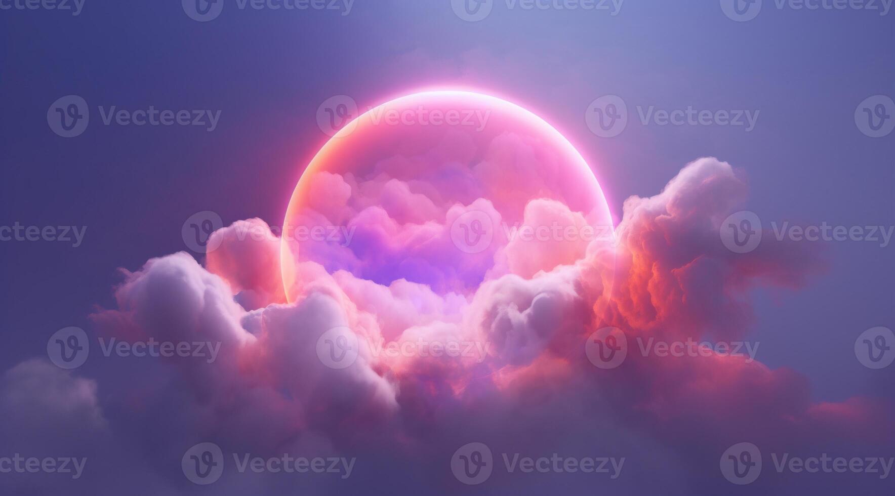 , circle shape glowing with neon light inside the soft colorful cloud, fantasy pink and purple sky photo