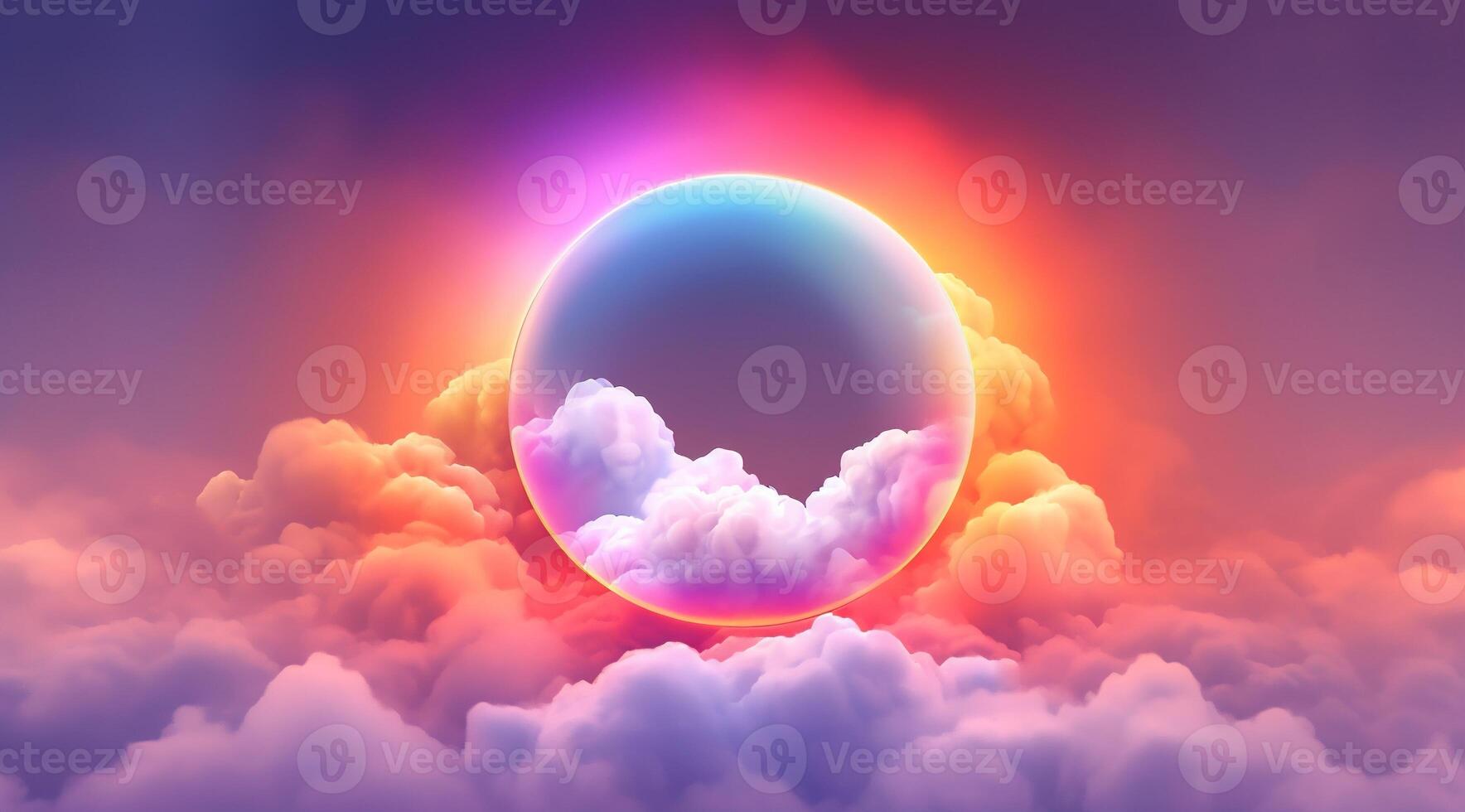 , circle shape glowing with neon light inside the soft colorful cloud, fantasy pink and purple sky photo