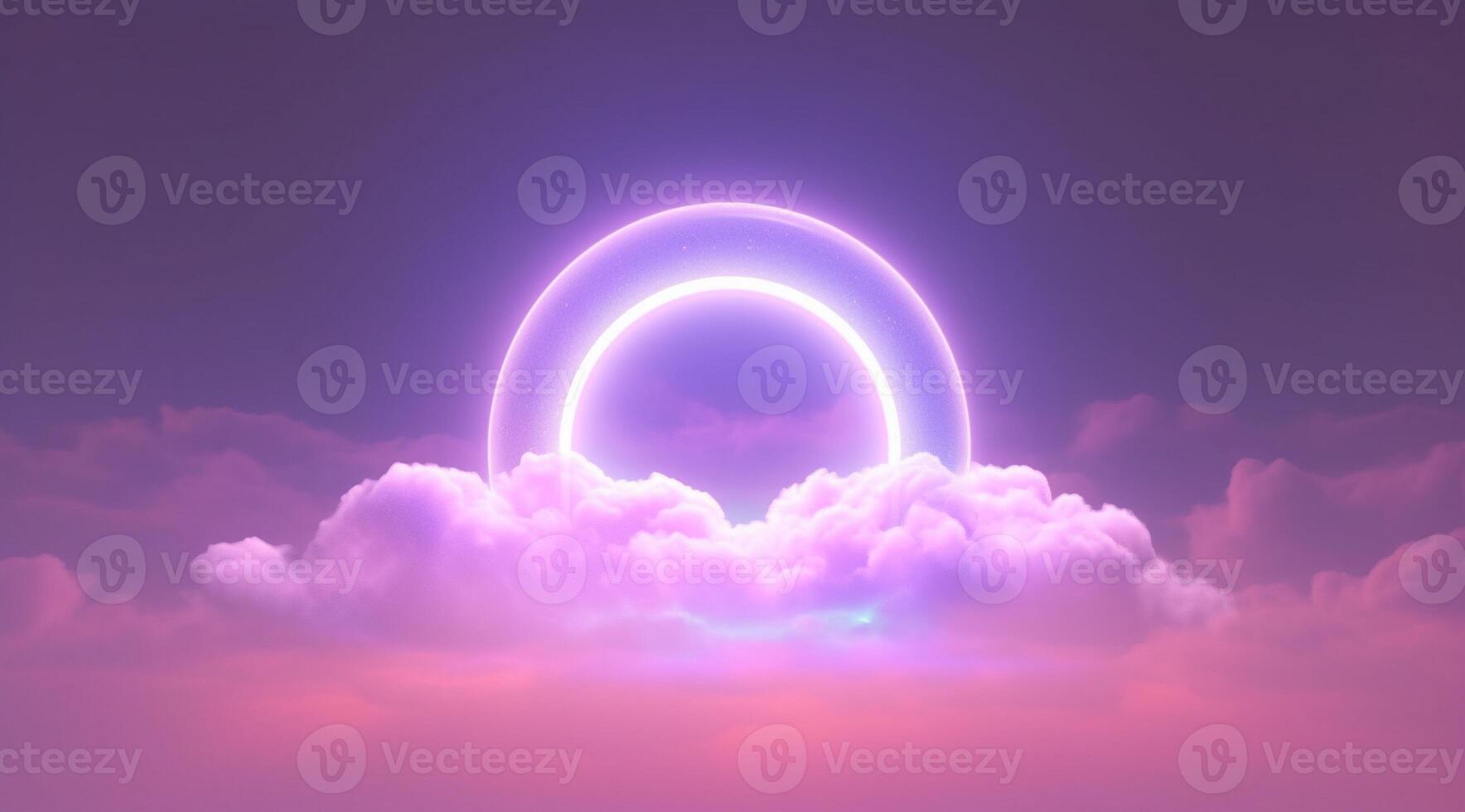 Generative AI, circle shape glowing with neon light inside the soft colorful cloud, fantasy pink and purple sky photo