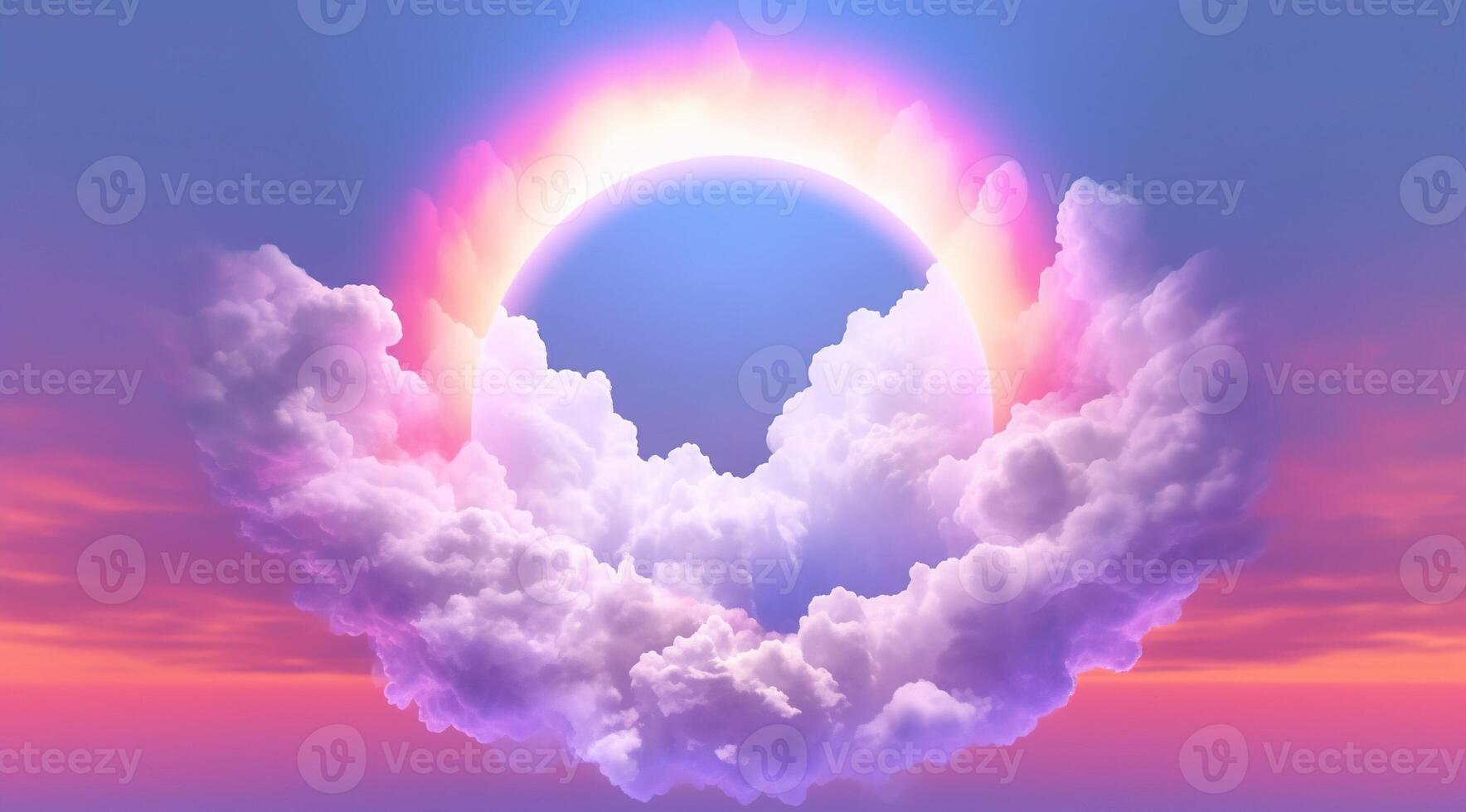 , circle shape glowing with neon light inside the soft colorful cloud, fantasy pink and purple sky photo