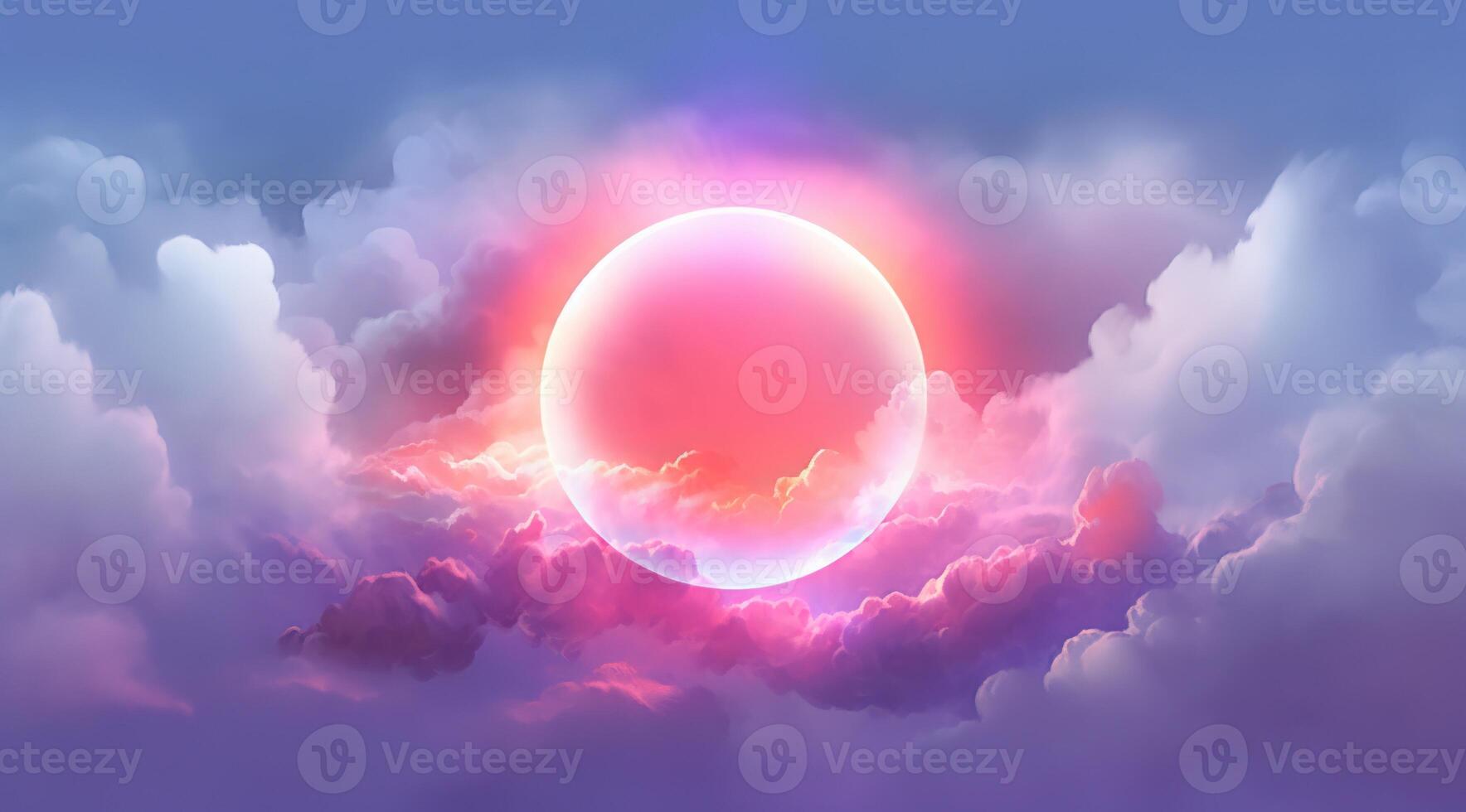 , circle shape glowing with neon light inside the soft colorful cloud, fantasy pink and purple sky photo