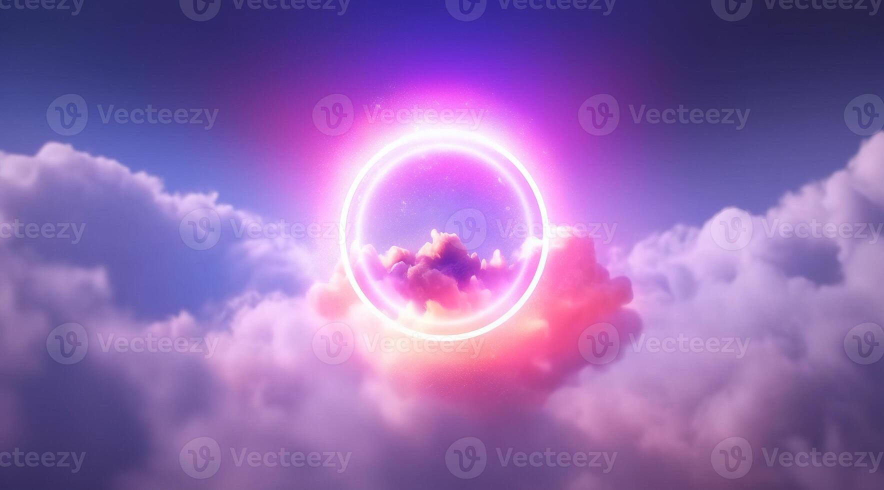 Generative AI, circle shape glowing with neon light inside the soft colorful cloud, fantasy pink and purple sky photo