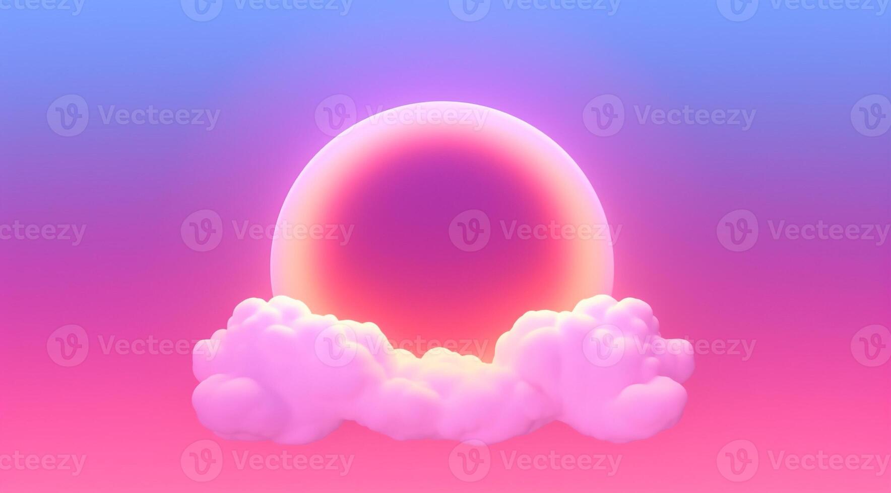 , circle shape glowing with neon light inside the soft colorful cloud, fantasy pink and purple sky photo
