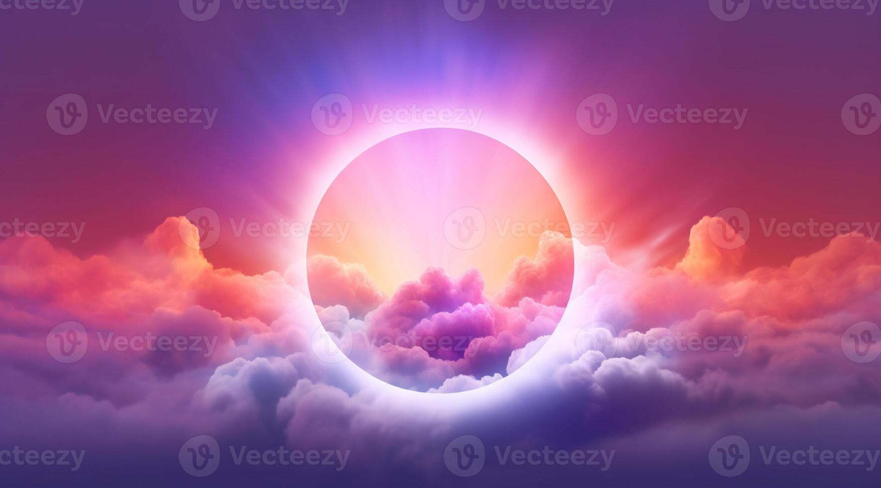 , circle shape glowing with neon light inside the soft colorful cloud, fantasy pink and purple sky photo
