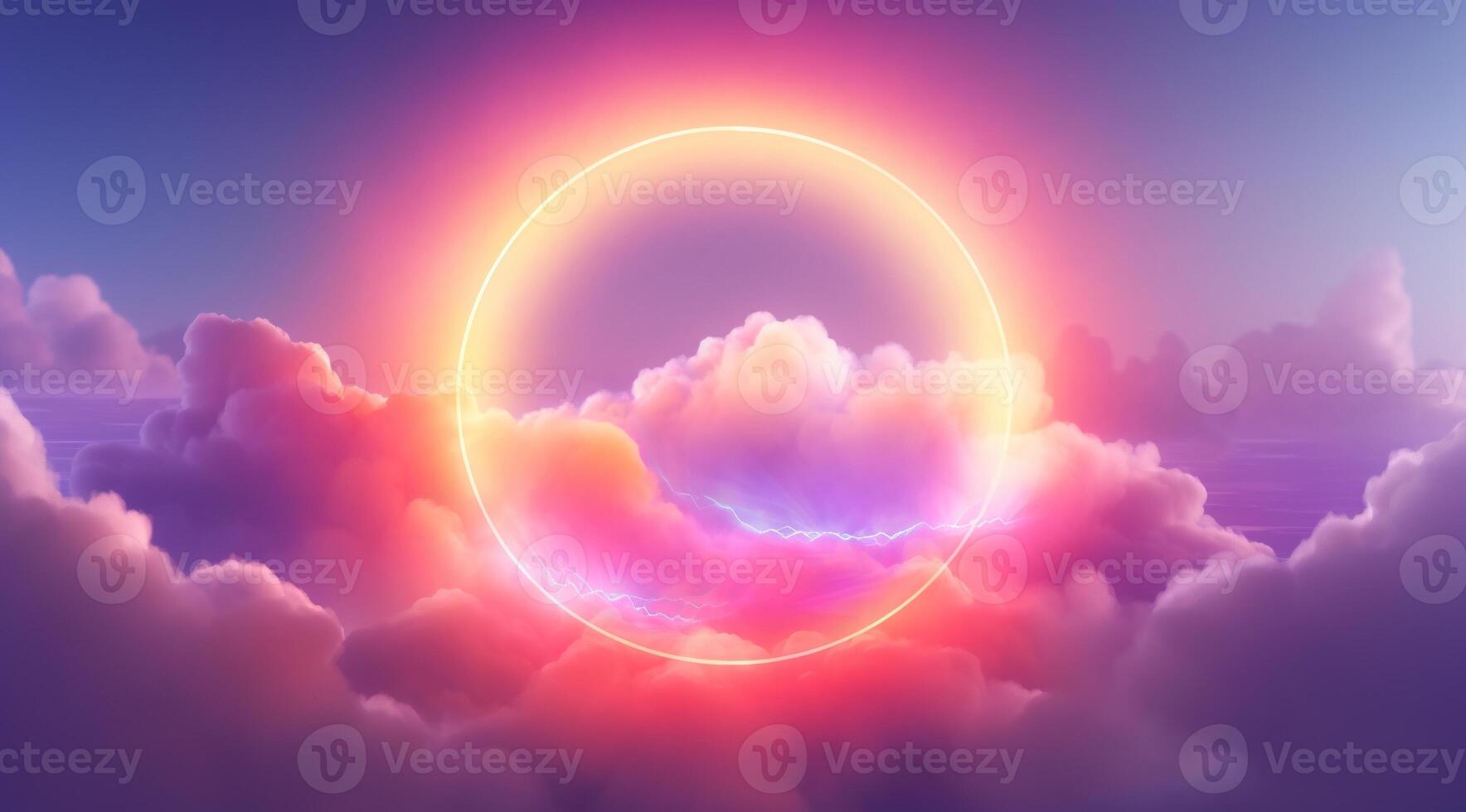 Generative AI, circle shape glowing with neon light inside the soft colorful cloud, fantasy pink and purple sky photo