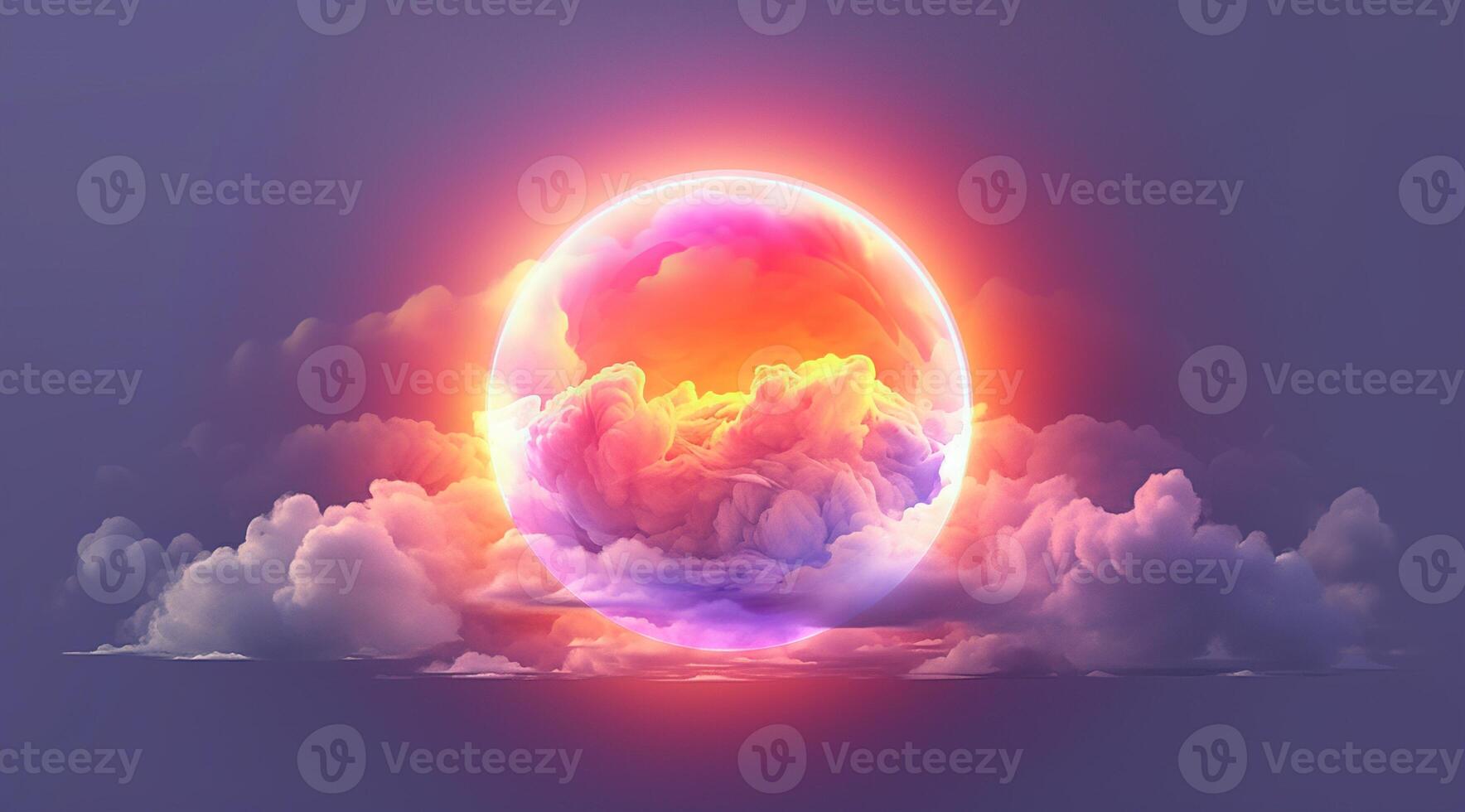 , circle shape glowing with neon light inside the soft colorful cloud, fantasy pink and purple sky photo