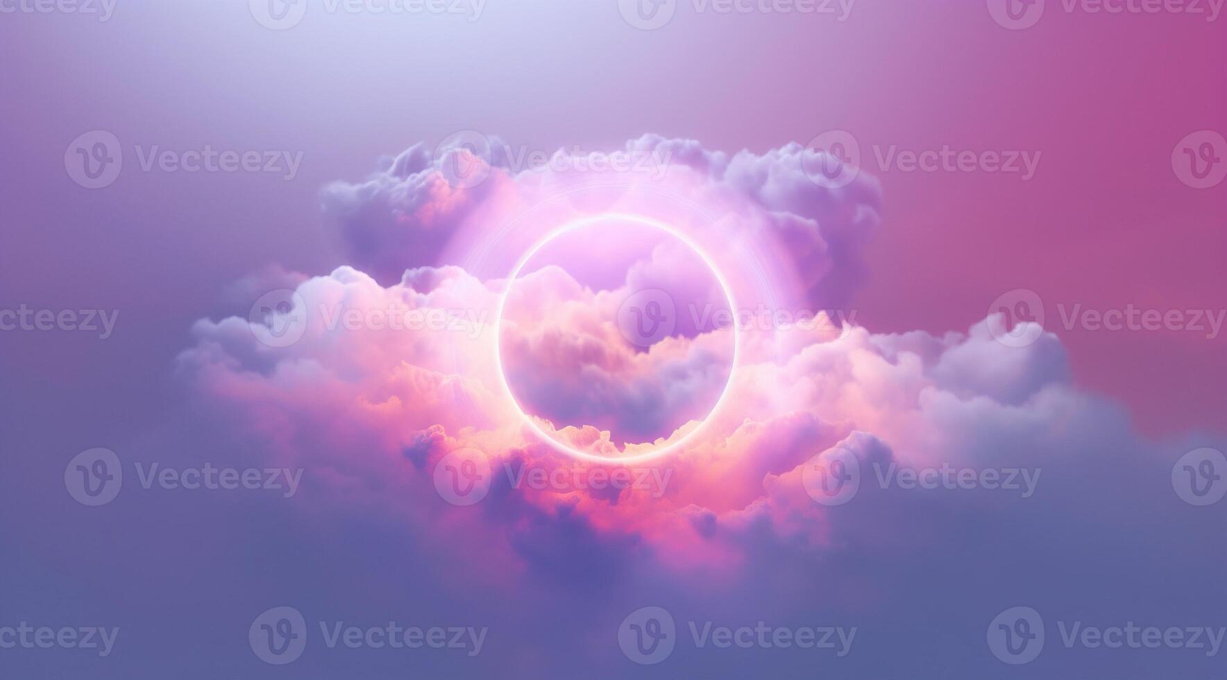 Generative AI, circle shape glowing with neon light inside the soft colorful cloud, fantasy pink and purple sky photo