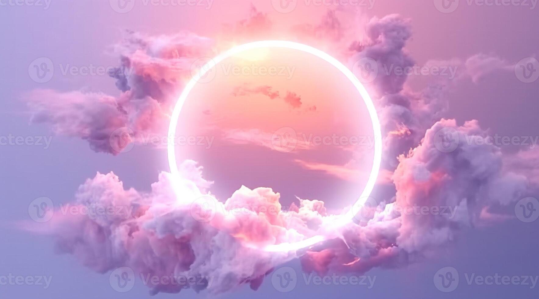 , circle shape glowing with neon light inside the soft colorful cloud, fantasy pink and purple sky photo