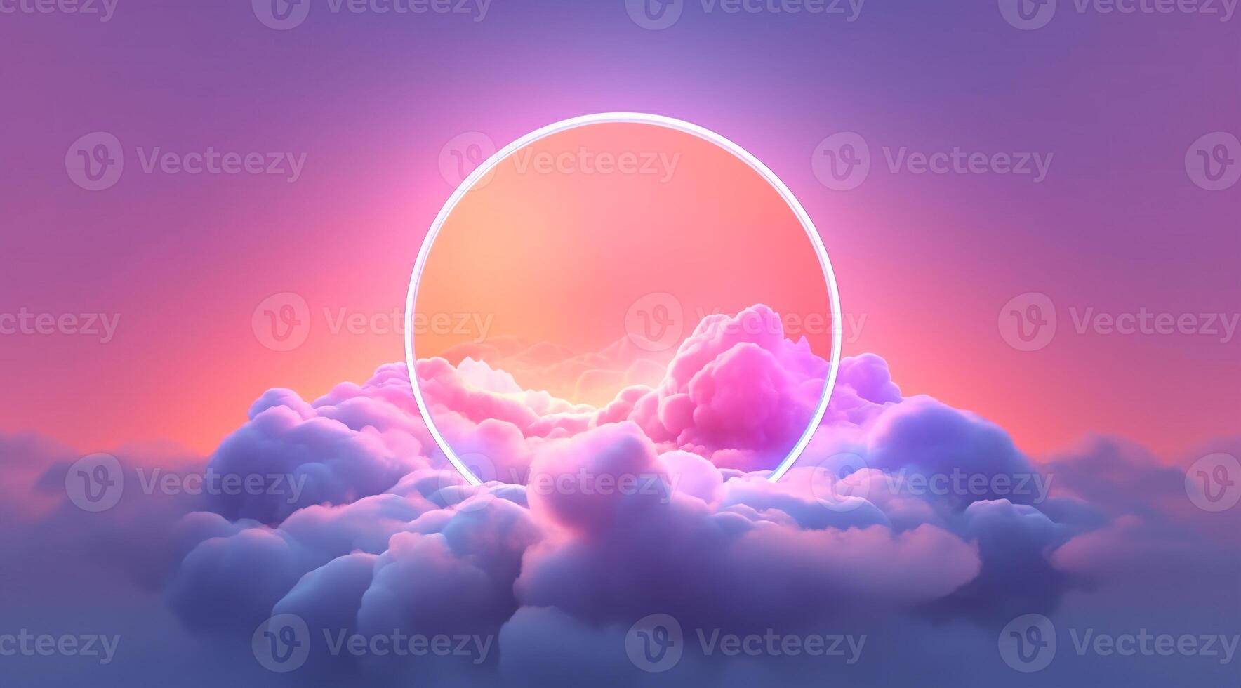 Generative AI, circle shape glowing with neon light inside the soft colorful cloud, fantasy pink and purple sky photo