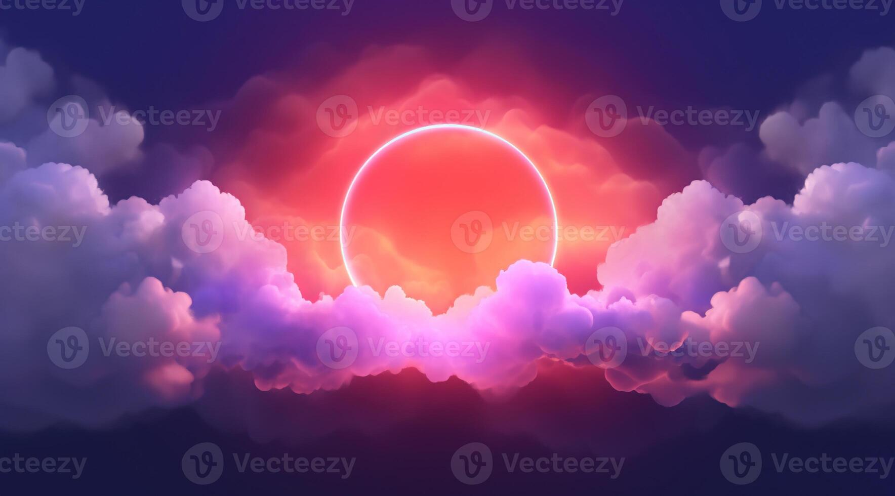 , circle shape glowing with neon light inside the soft colorful cloud, fantasy pink and purple sky photo