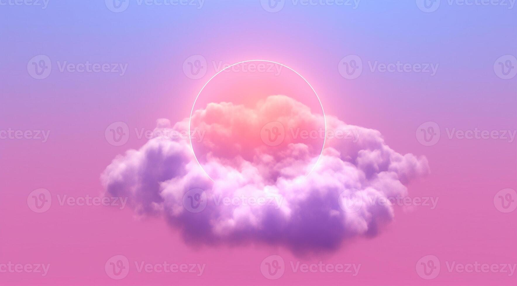 Generative AI, circle shape glowing with neon light inside the soft colorful cloud, fantasy pink and purple sky photo