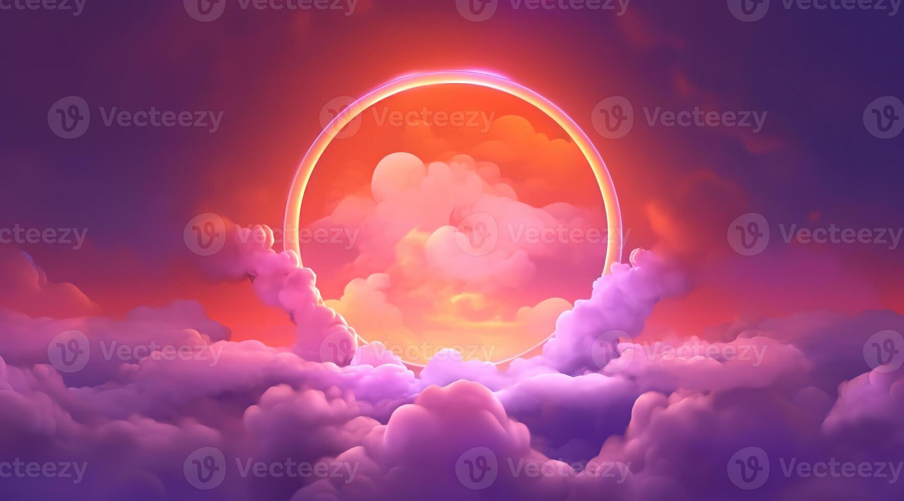 , circle shape glowing with neon light inside the soft colorful cloud, fantasy pink and purple sky photo