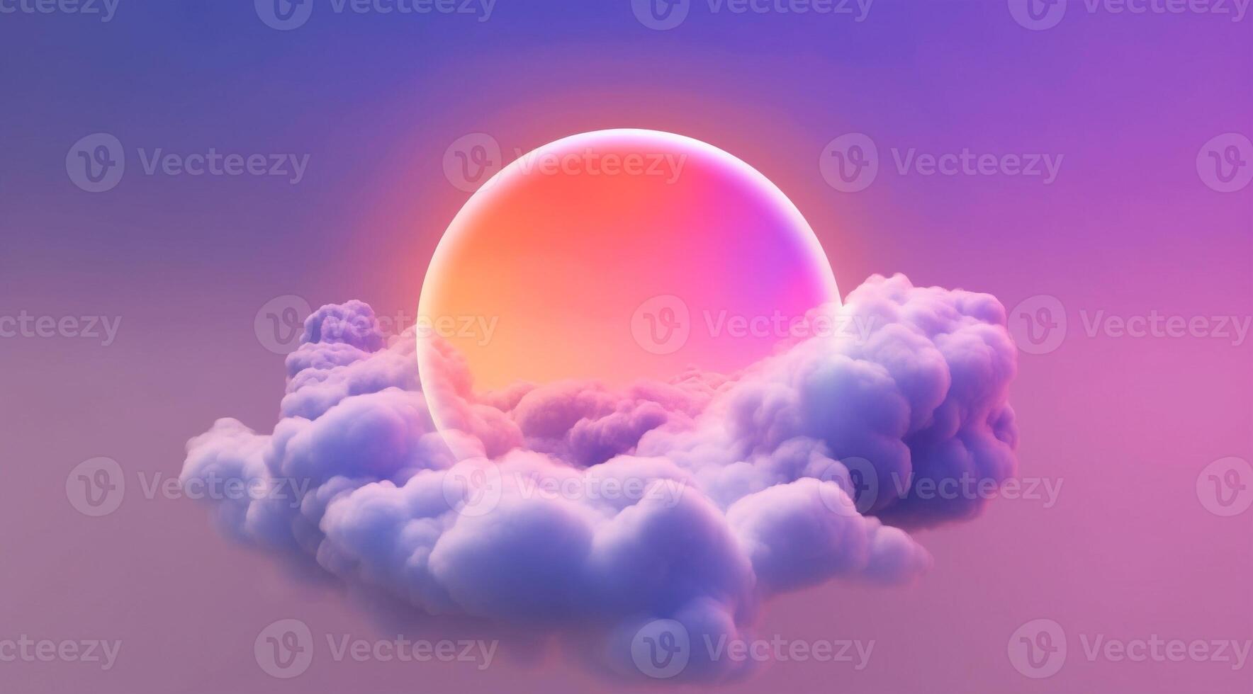 , circle shape glowing with neon light inside the soft colorful cloud, fantasy pink and purple sky photo