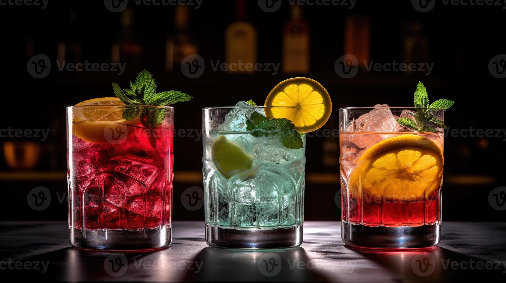 Generative AI, three different bright cocktails glasses on the bar dark background. photo