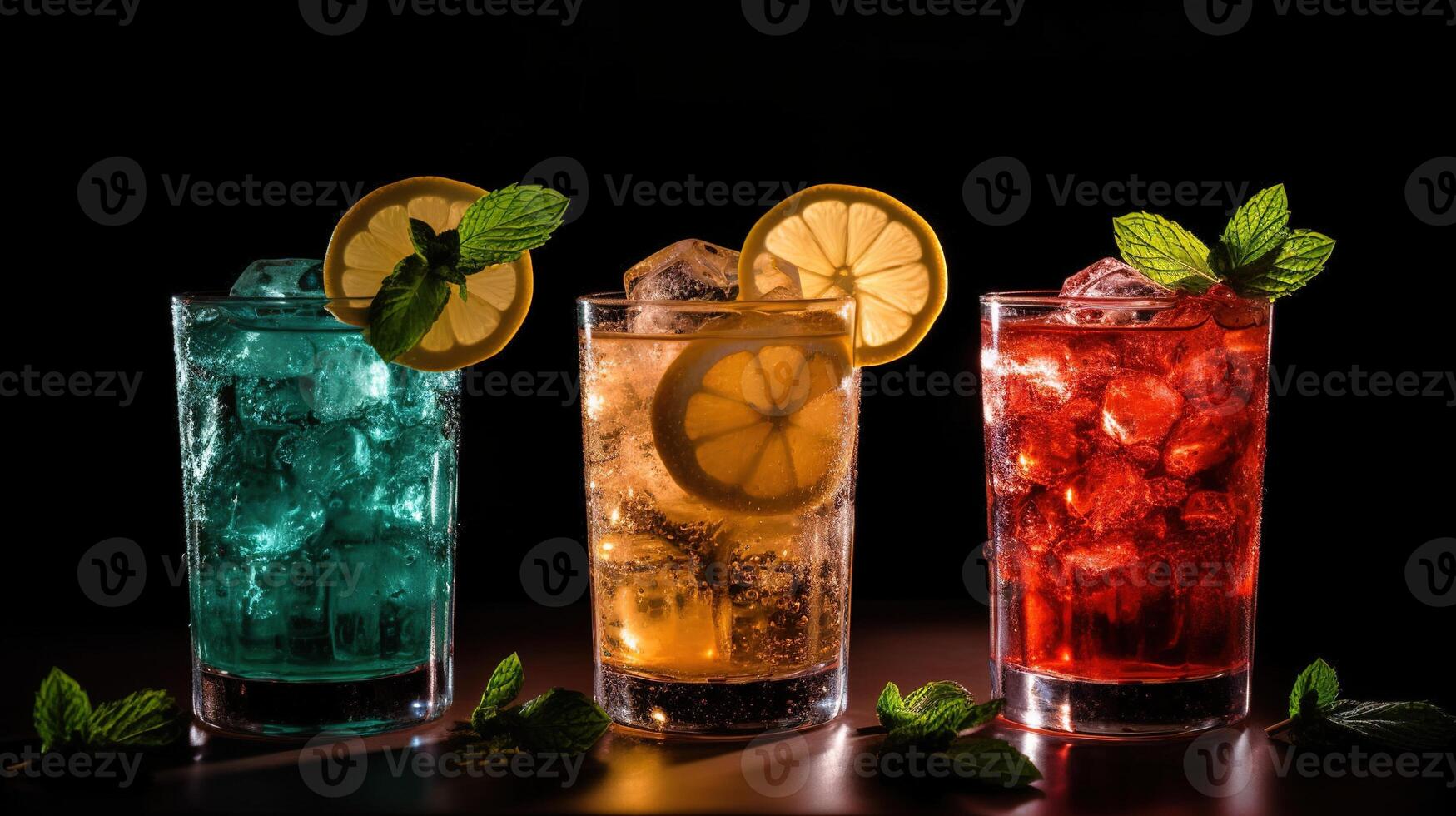 Generative AI, three different bright cocktails glasses on the bar dark background. photo