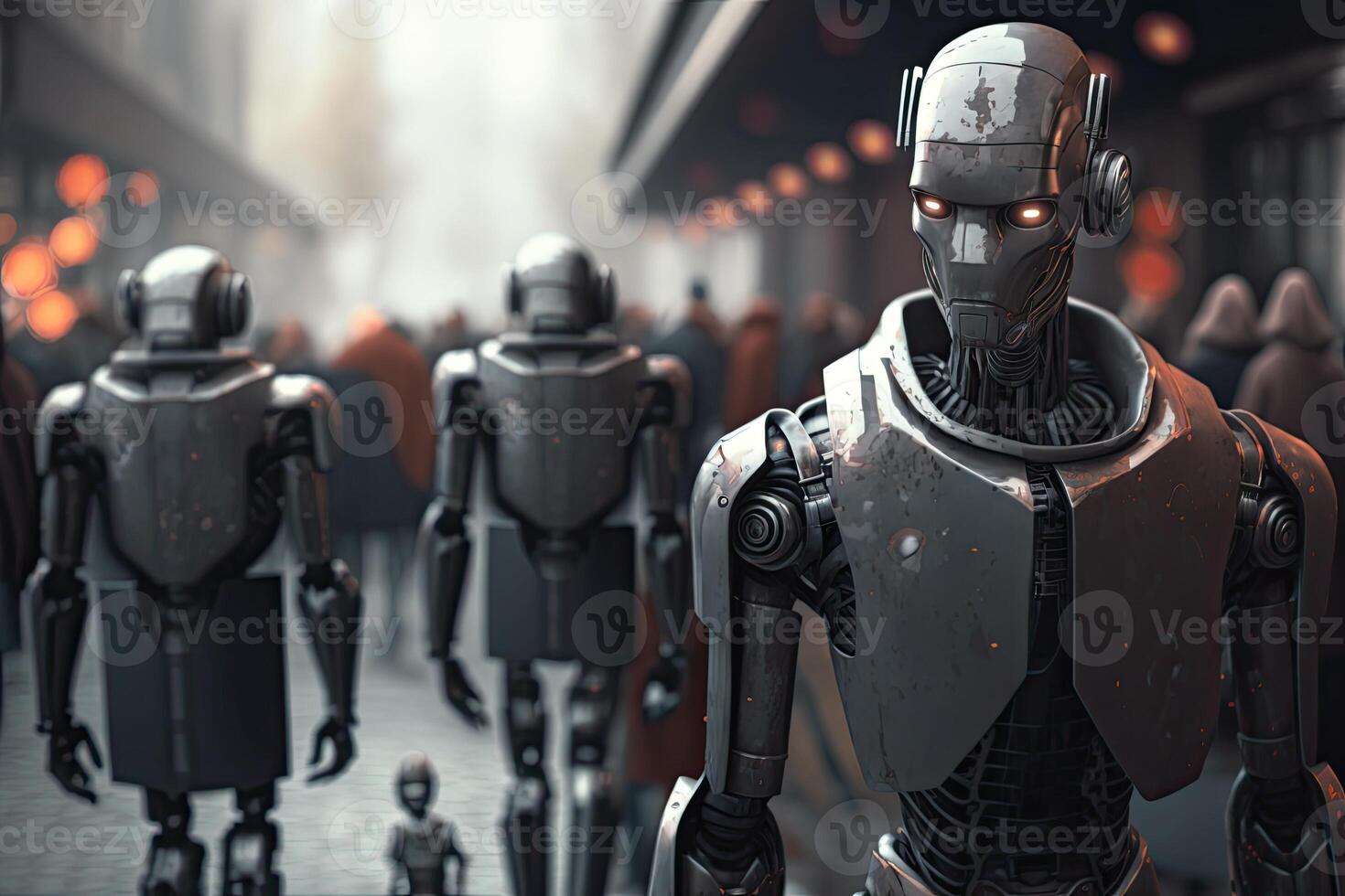 Robots replace humans, robot walking in city portrait with androids on background. Future of ai photo