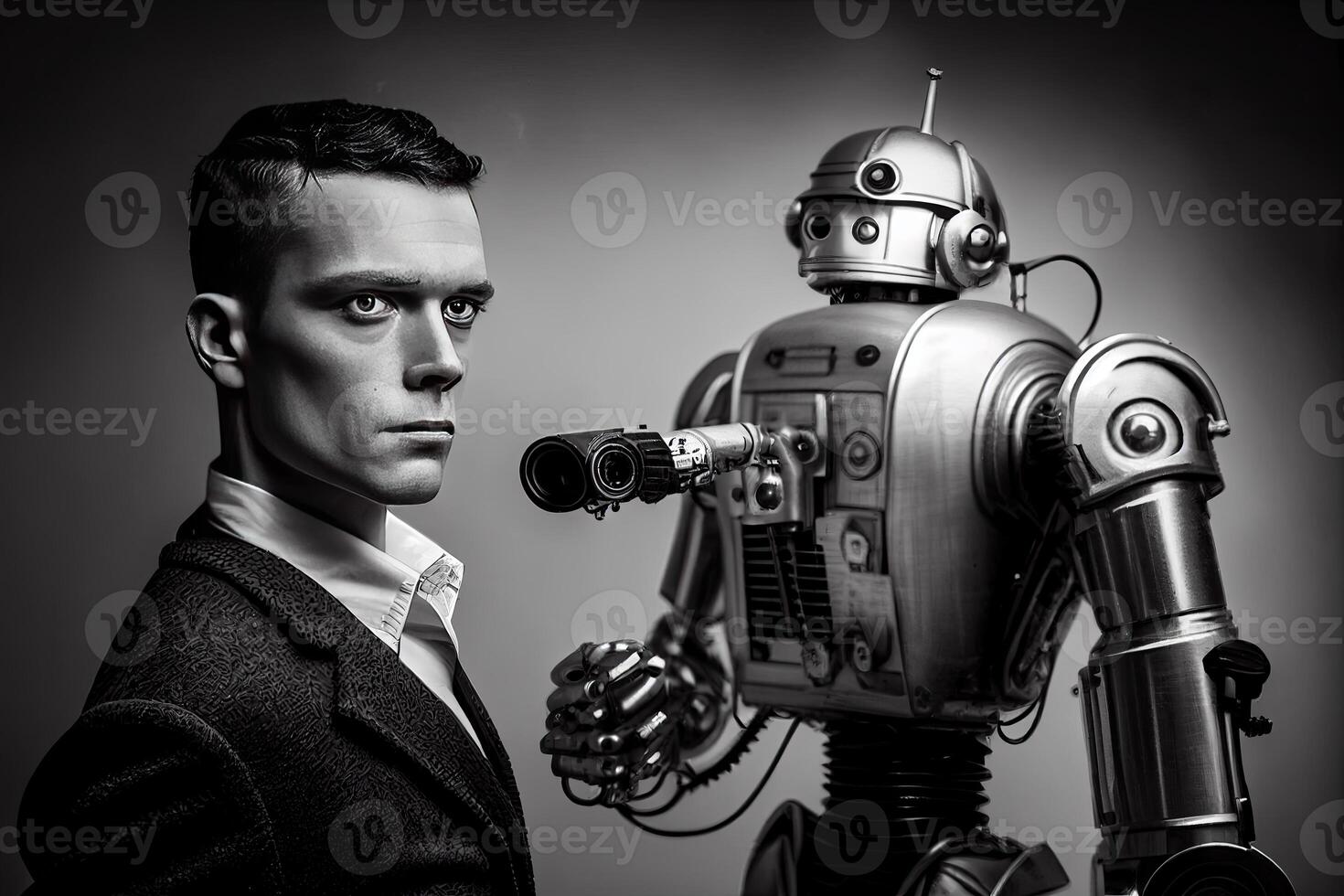 Person and robot portrait, man and android, illustration of technology and future, photo