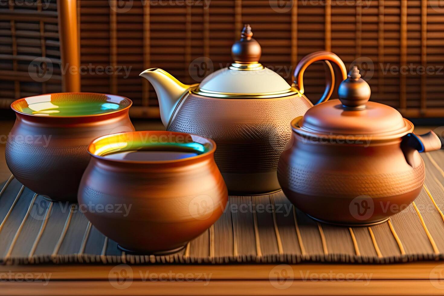 Clay pots and teapot on bamboo mat. 3D rendering. photo