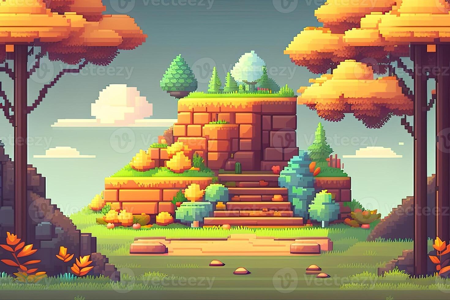 Pixel Art Style Landscape with a Tree and Mountains in the Background. photo