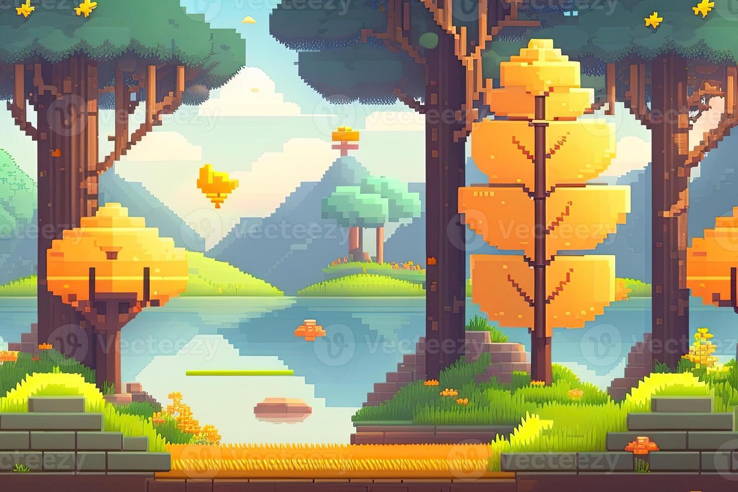 Pixel Art Style Landscape with a Tree and Mountains in the Background. photo