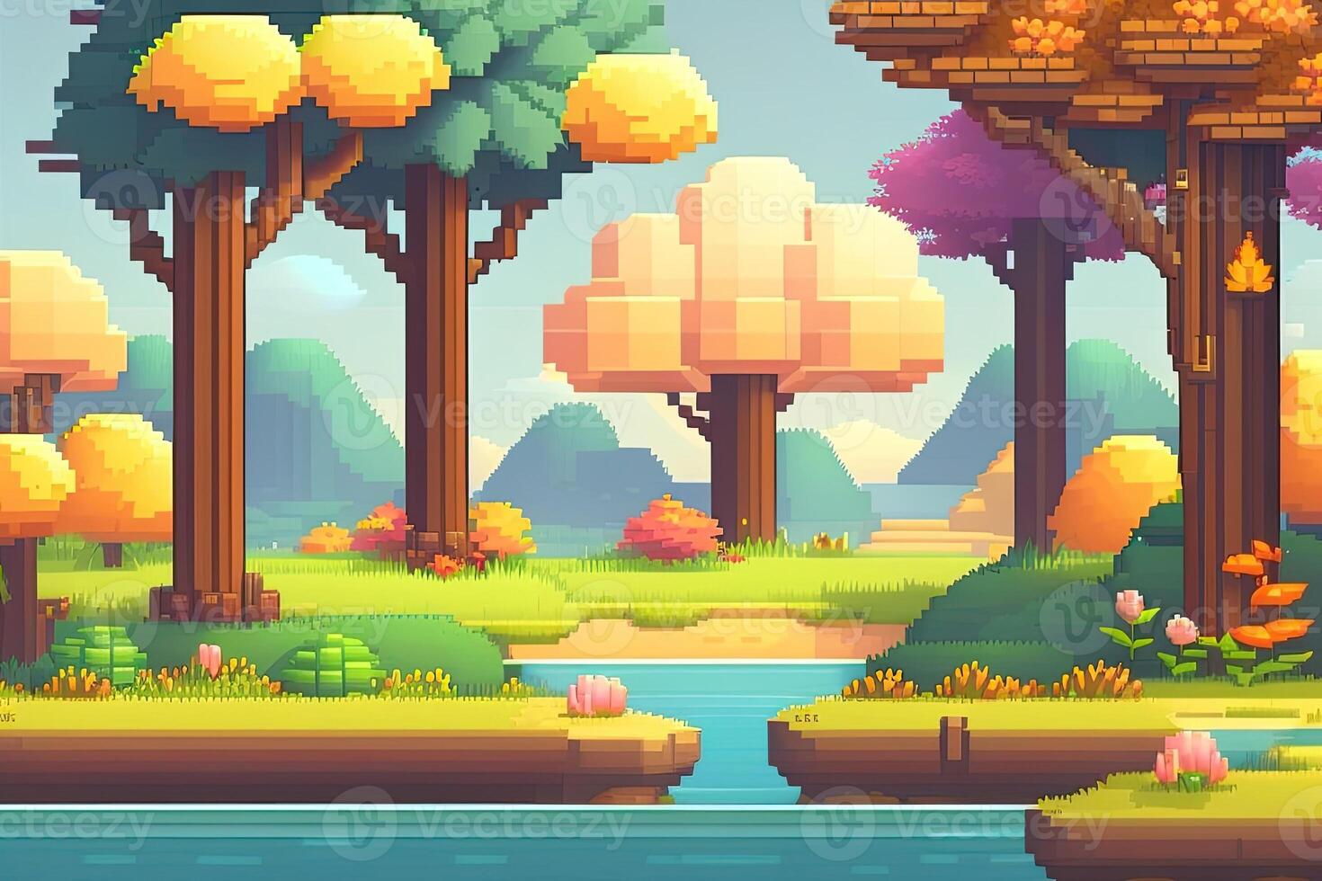 Pixel Art Style Landscape with a Tree and Mountains in the Background. photo