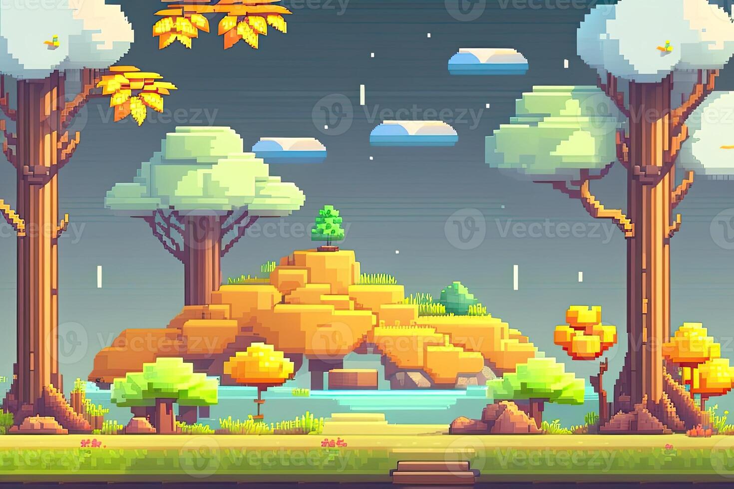 Pixel Art Style Landscape with a Tree and Mountains in the Background. photo