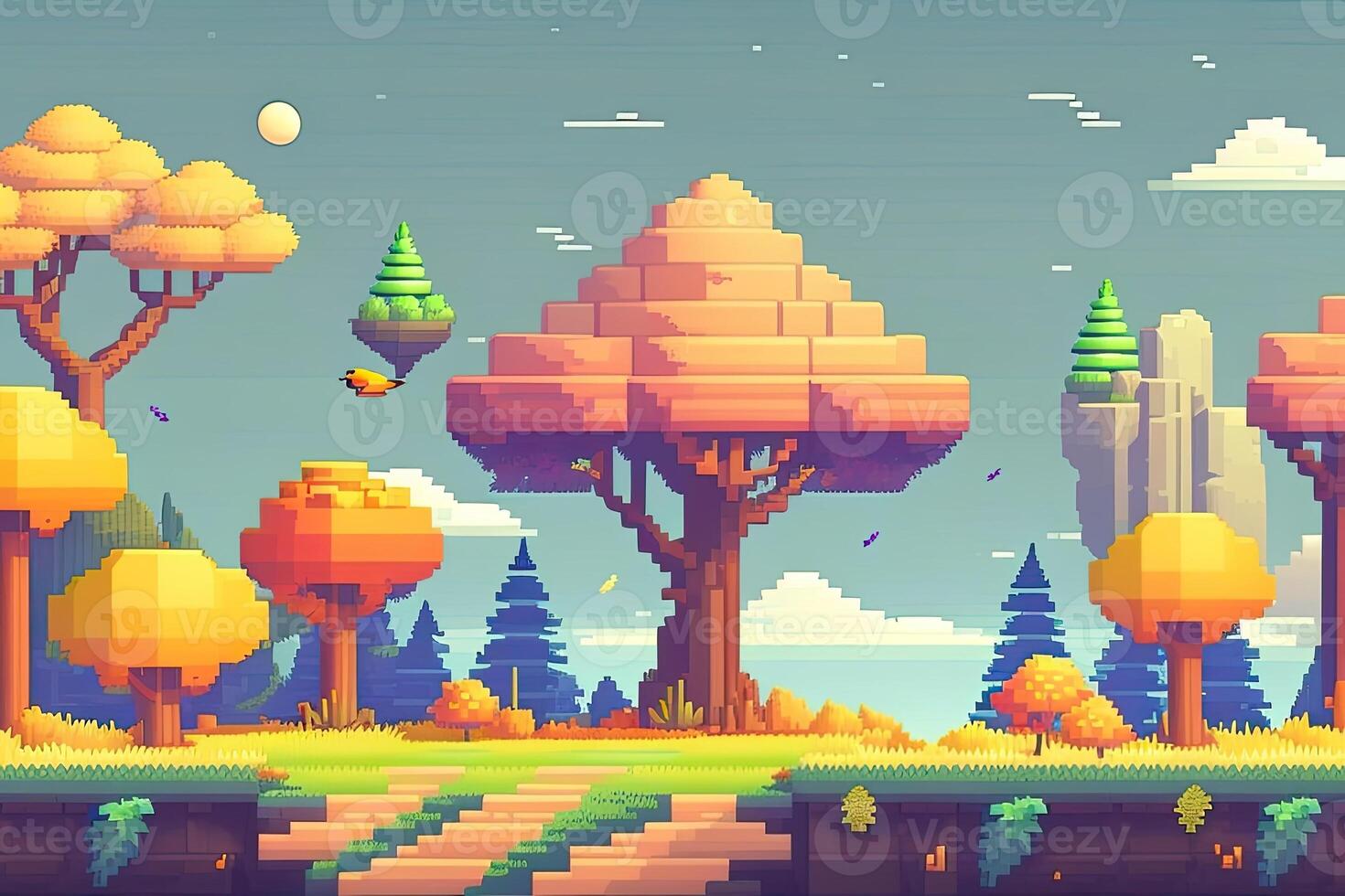 Pixel Art Style Landscape with a Tree and Mountains in the Background. photo