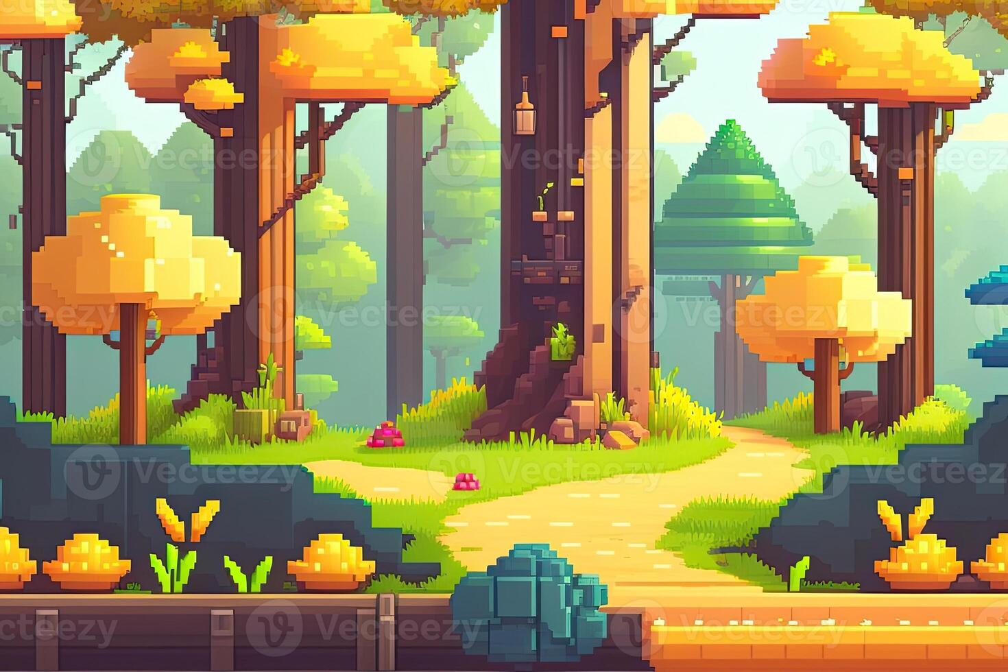 Pixel Art Style Landscape with a Tree and Mountains in the Background. photo