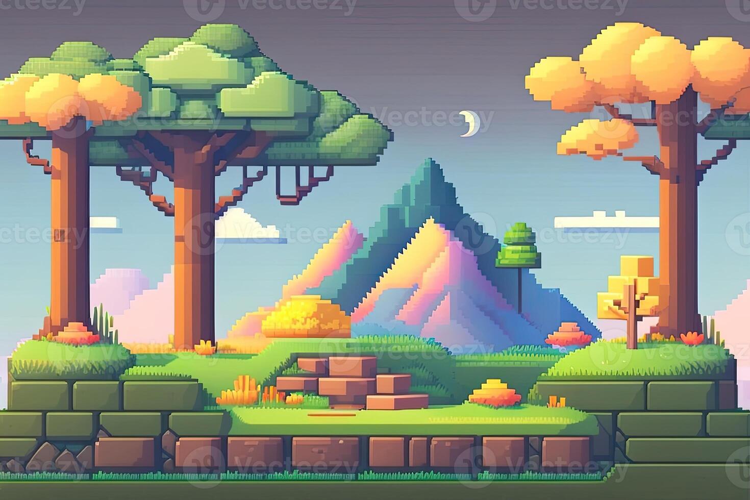 Pixel Art Style Landscape with a Tree and Mountains in the Background. photo