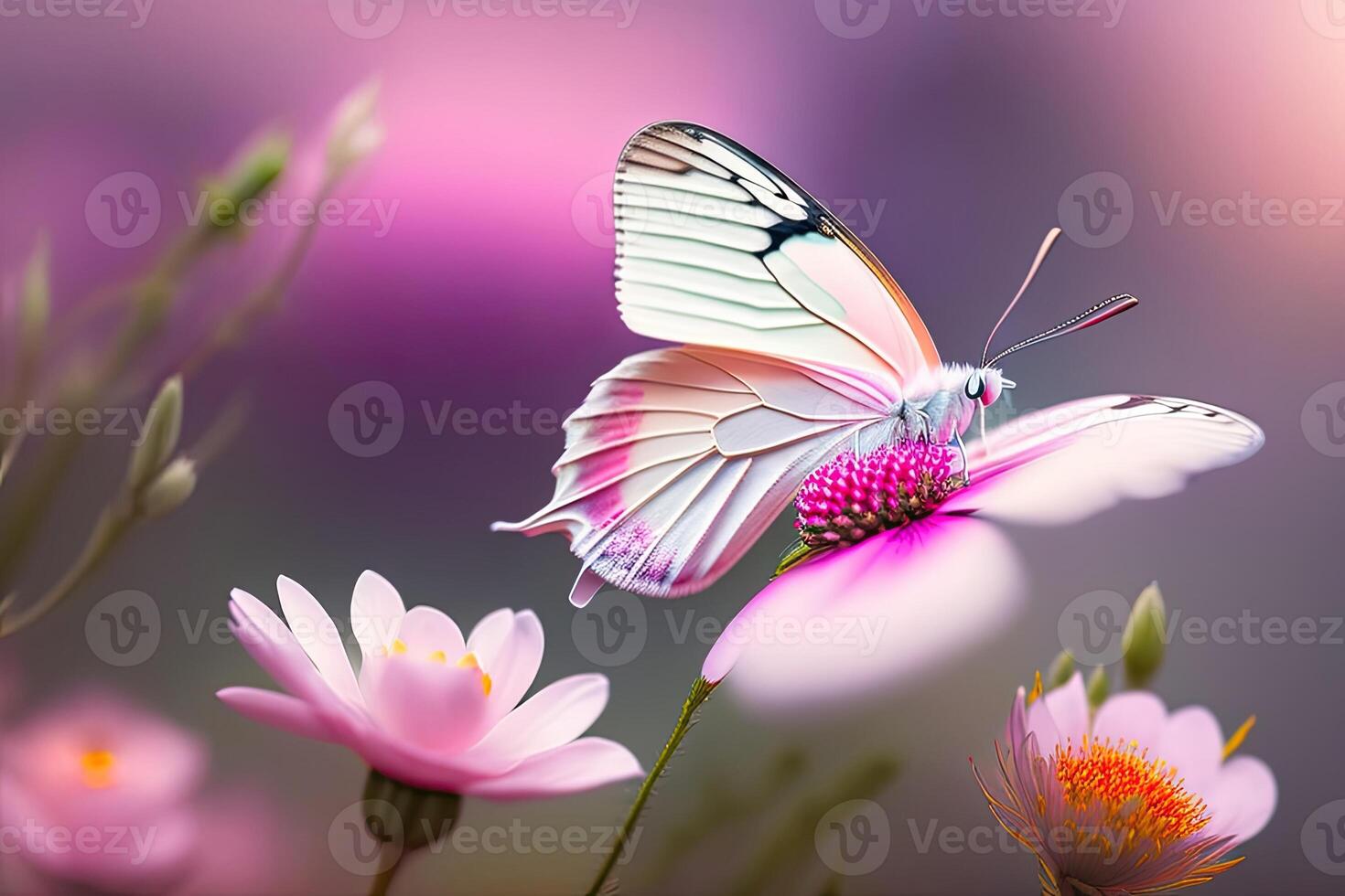 Pink Butterfly on Romantic Nature Floral Background photo
