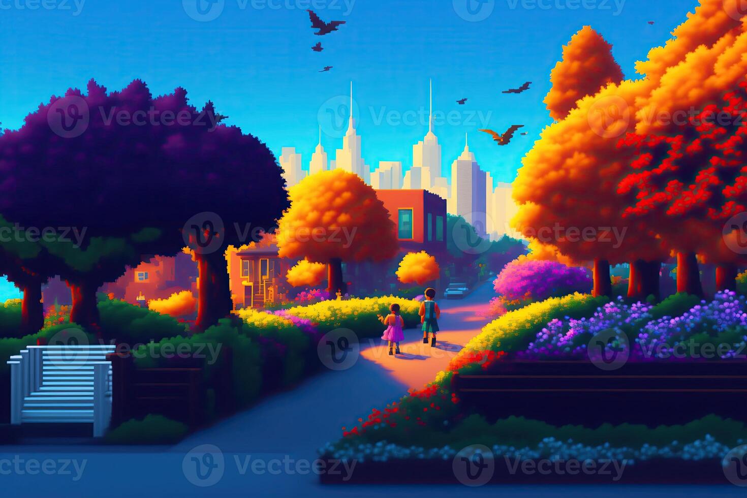 Pixel City Landscape Background Illustration 8 Bit photo