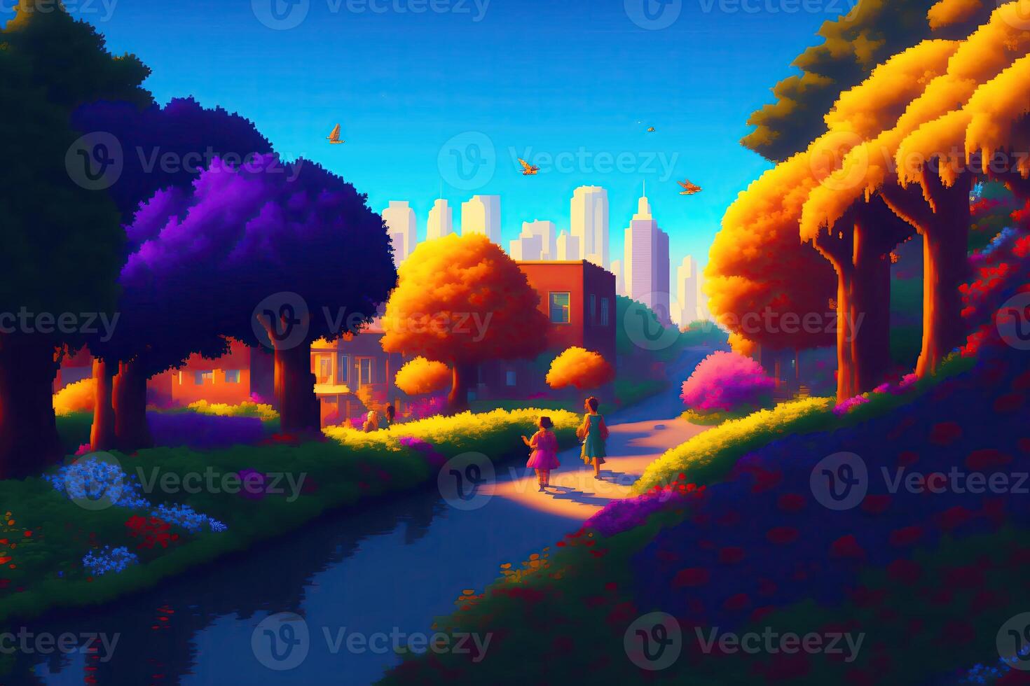 Pixel City Landscape Background Illustration 8 Bit photo