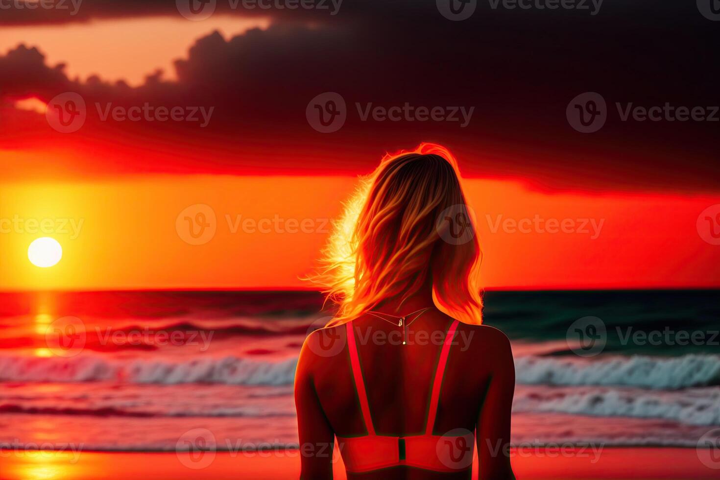 Sunset Beach with Red Sky and Girl Back photo