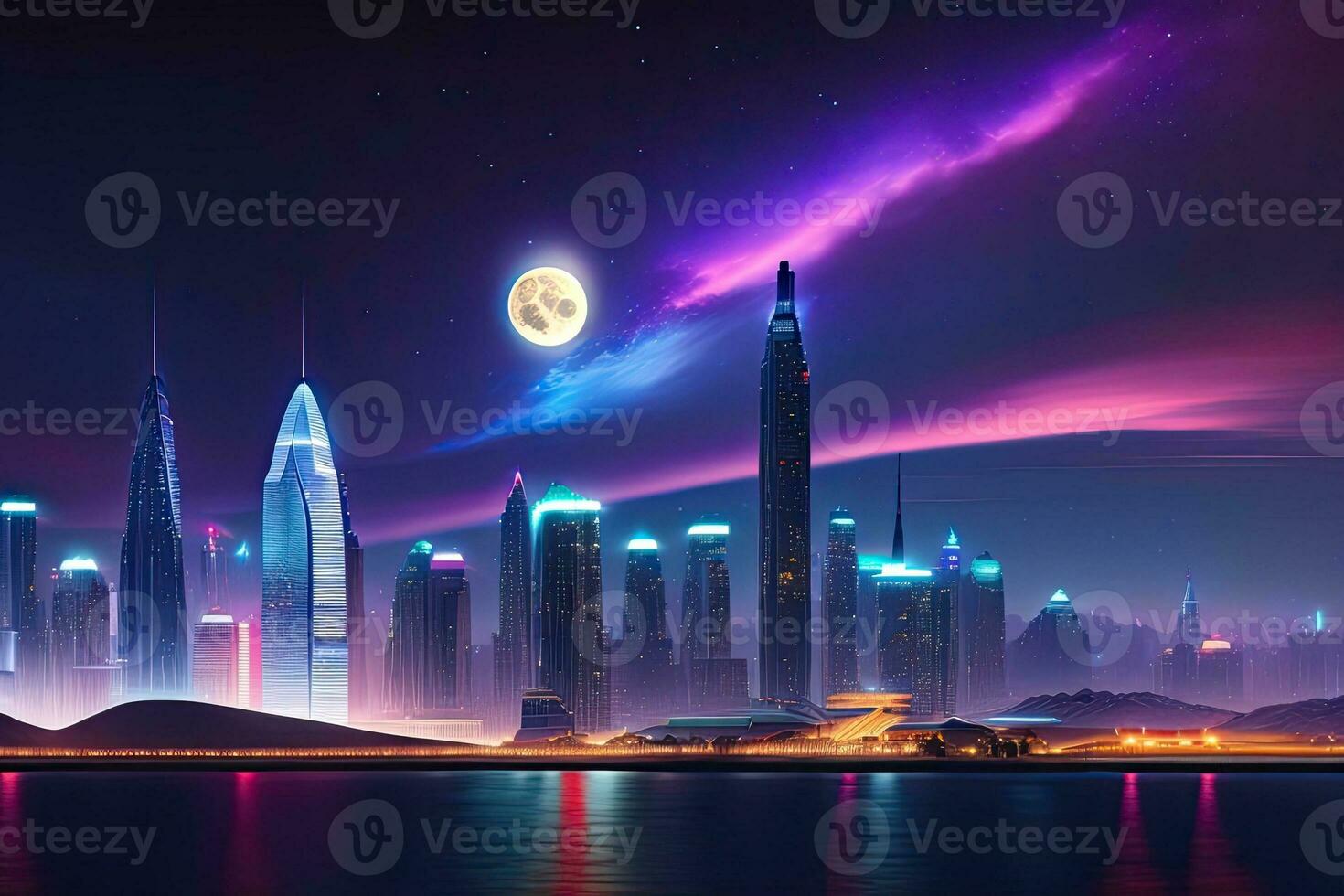 City at Night with Full Moon Generative AI photo