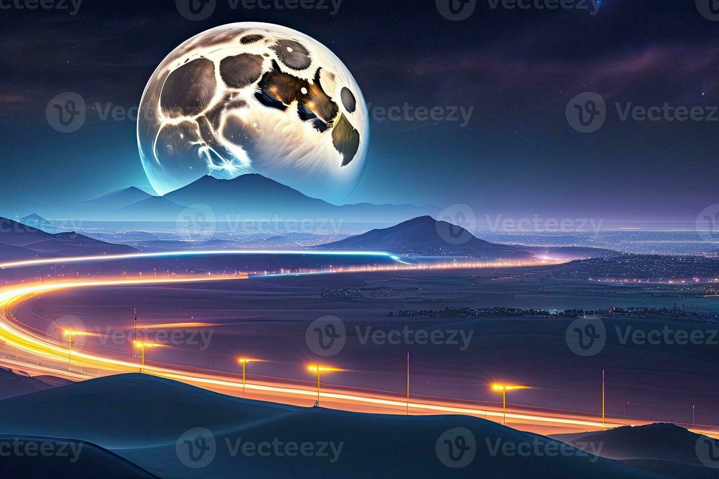 City at Night with Full Moon Generative AI photo