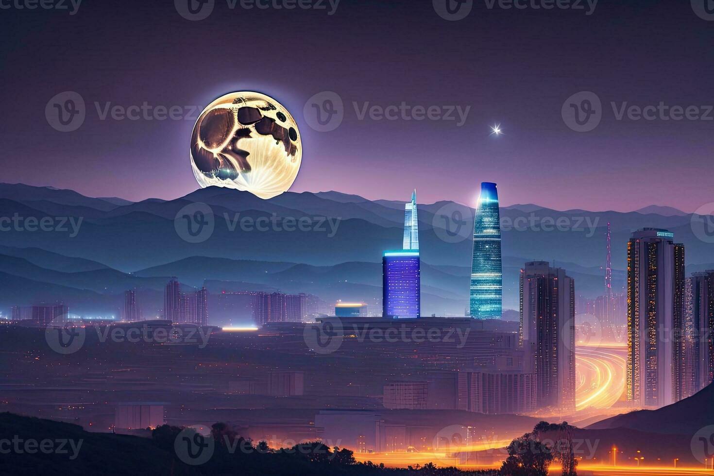 City at Night with Full Moon Generative AI photo