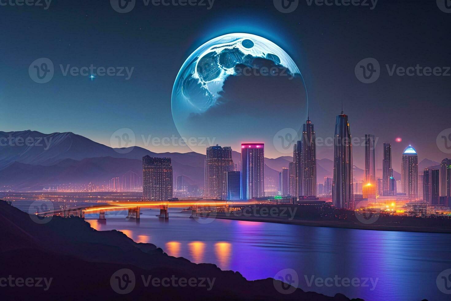 City at Night with Full Moon Generative AI photo