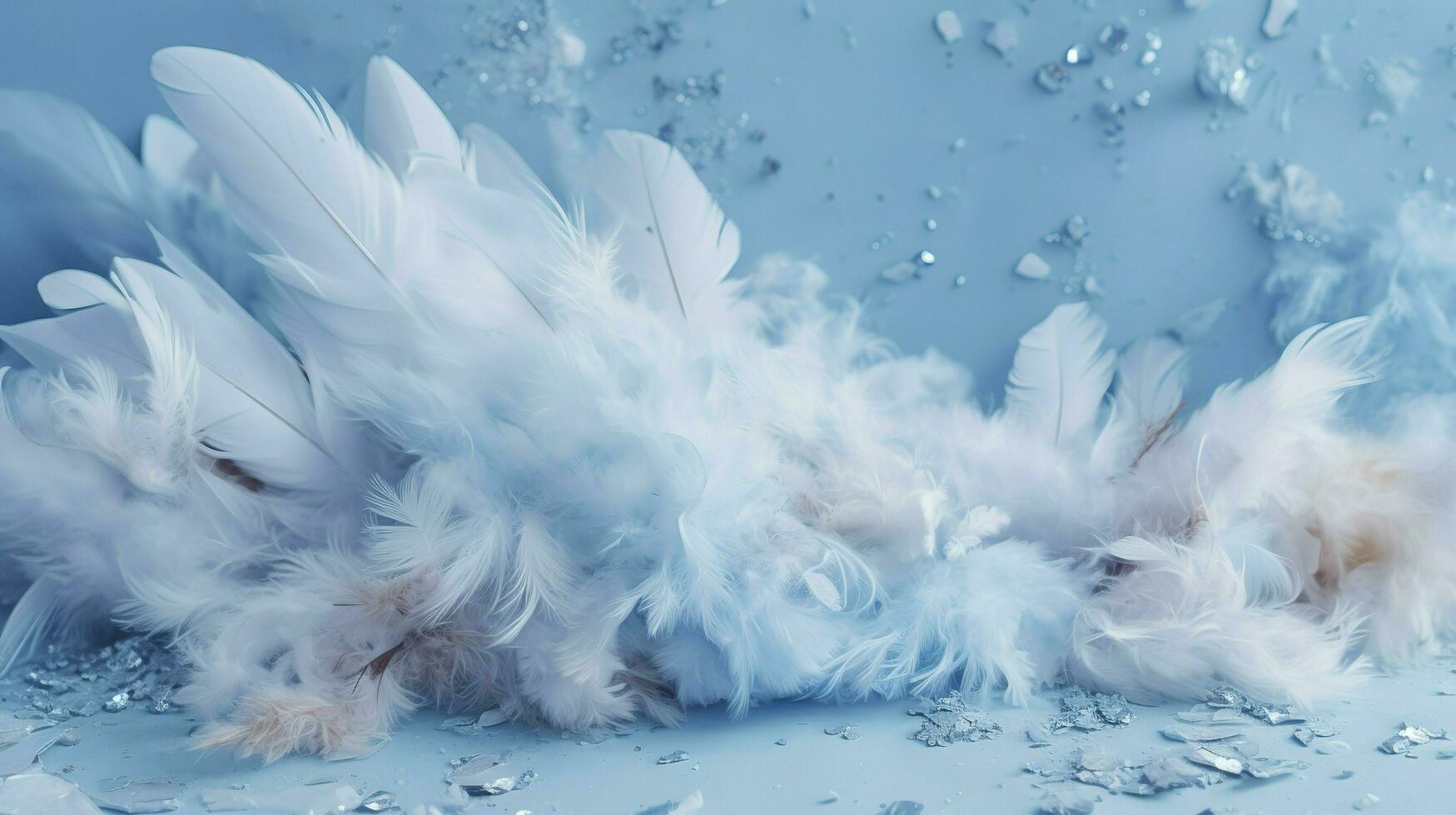 a bright blue background with one white feather, in the style of soft and dreamy pastels, glimmering light effects, nature inspired imagery, fairycore, soft focal points, generate ai photo