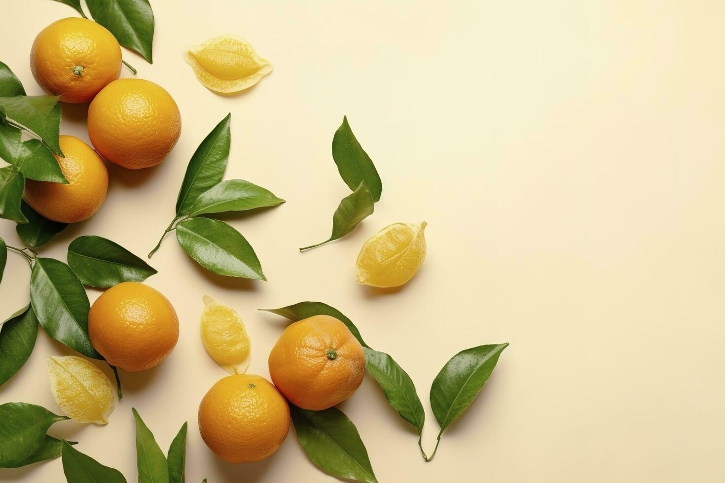 Whole orange yellow tangerines with green leaves on pastel beige background, copyspace. Citrus fruits mandarines as minimal food frame background, empty space, above view, generate ai photo