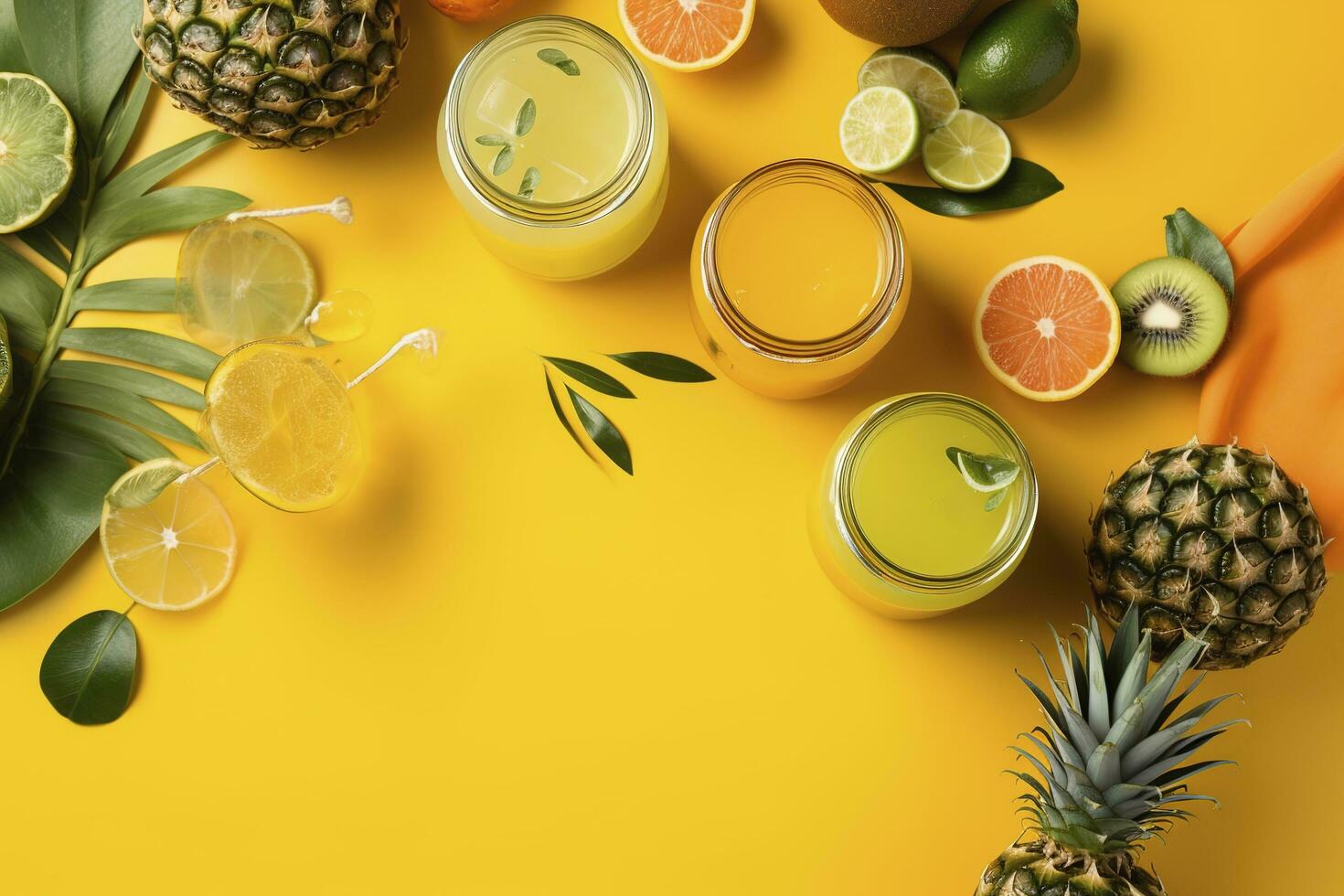 Add a pop of color to your summer marketing with this vibrant top view flat lay photo of citrus juice cocktails in glass jars, ananas, orange, kiwi set against a trendy yellow background, generate ai