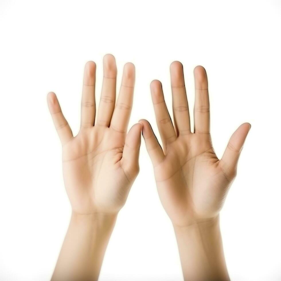 Woman holding her hands against white background, closeup, generate ai photo