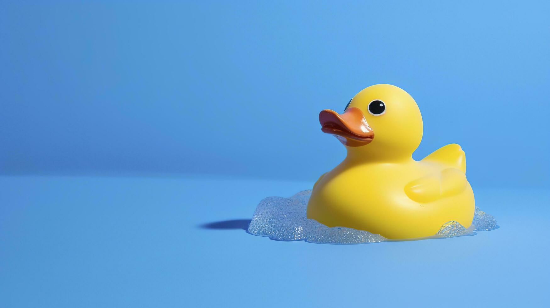 Yellow rubber duck toy against blue background, generate ai photo