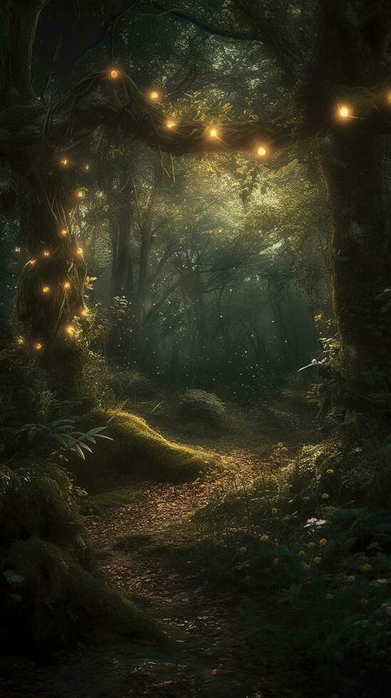 Fantasy magical enchanted fairy tale landscape, fabulous fairytale garden. mysterious background and glowing in night,Magical fantasy fairy tale scenery, night in a forest, generate ai photo