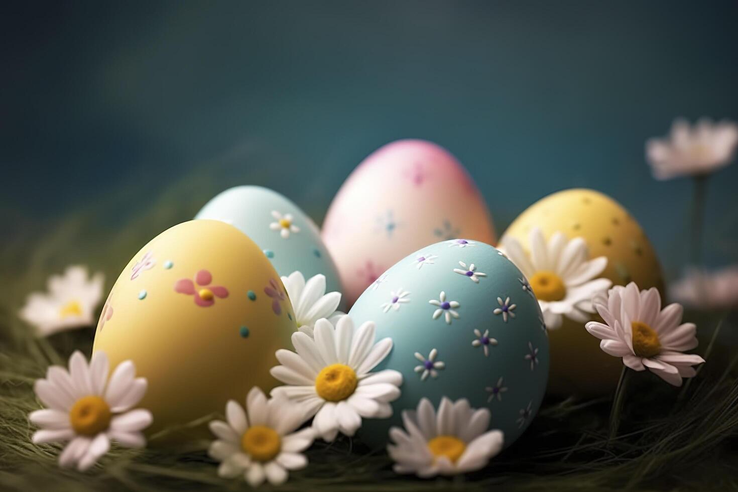 happy easter eggs with flower decoration , photo