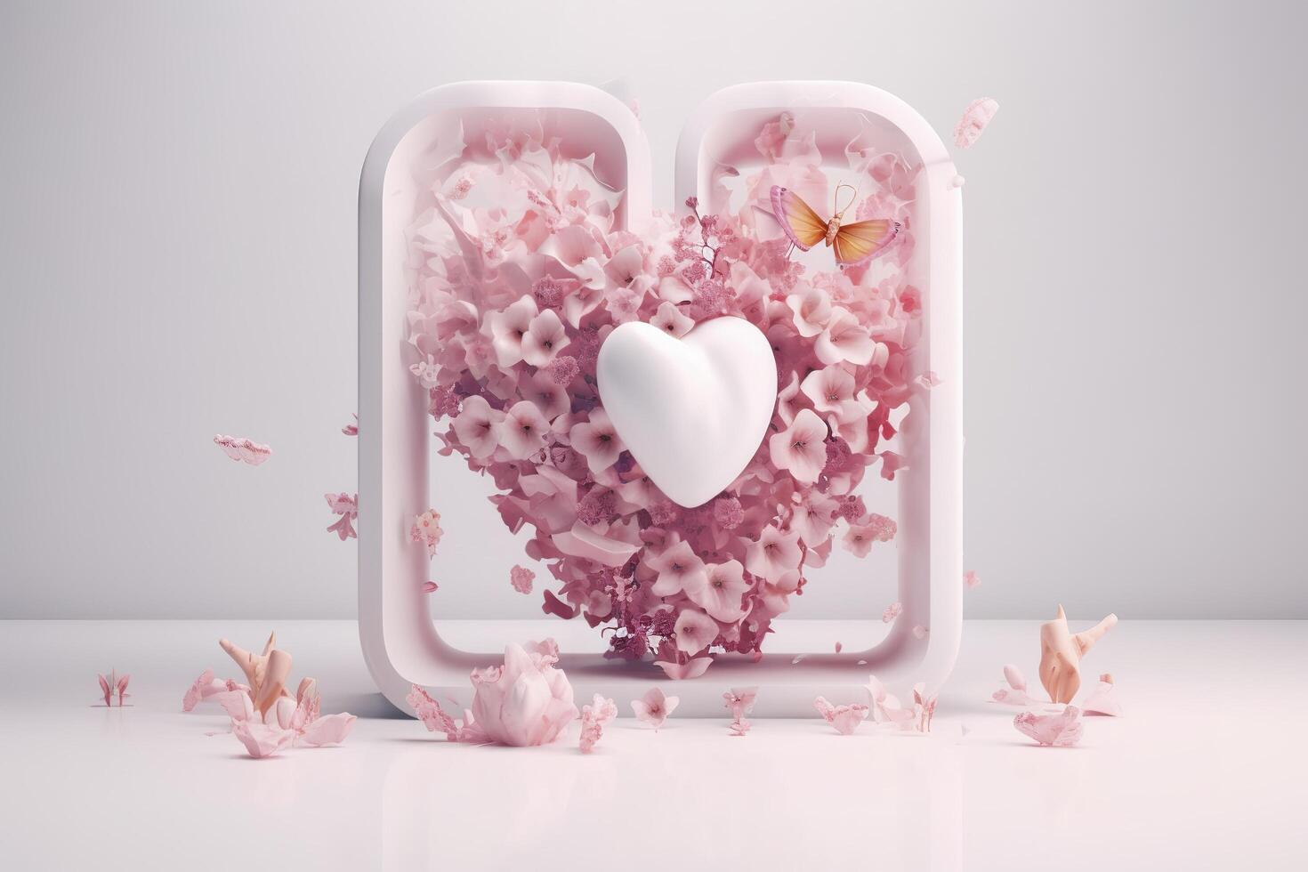 heart shape sculpture with pink flowers in a white frame, in the style of motion blur panorama, kawaii manga, photo bashing, sony alpha a1, detailed character design, bulbous,