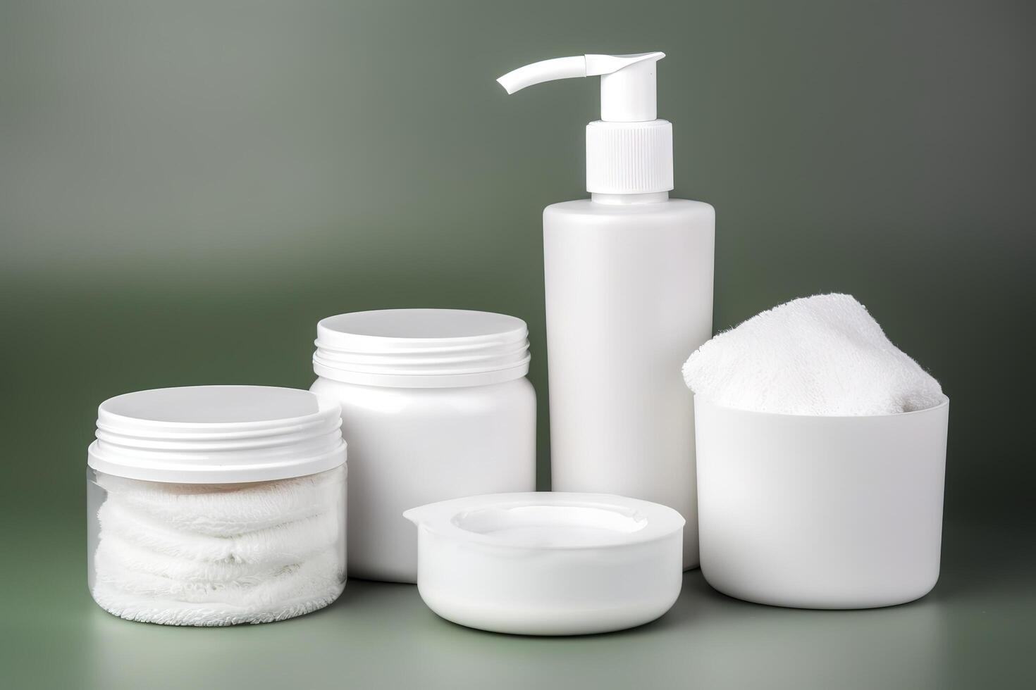 Cosmetic containers, blank label package for branding mock-up. Moisturizing cream, liquid soap or shampoo, tonic, face and body skin care. Natural green organic beauty product, photo
