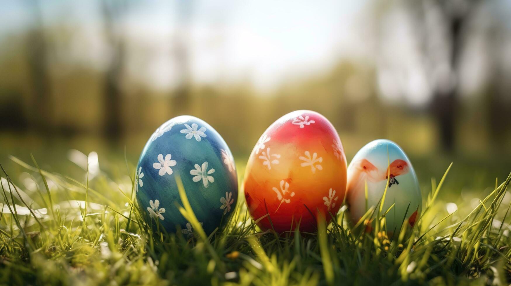 Photo of colored easter eggs laying in grass outside, generate ai