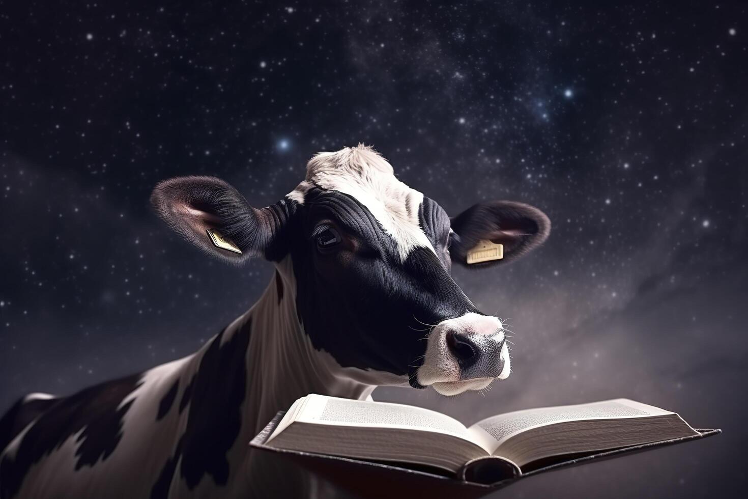 Cute cow reading book character. . photo
