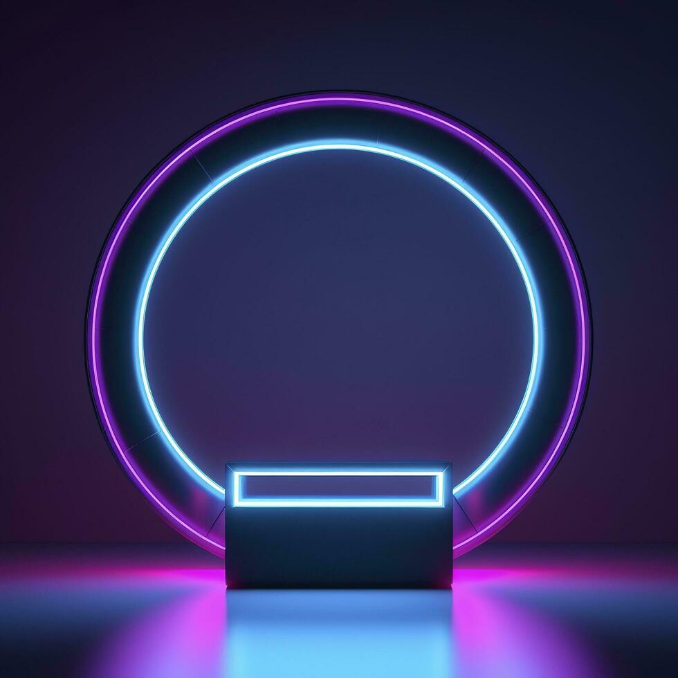 Empty neon lights round frame podium floating in the air with purple neon rings on background and hologram of digital rings on a floor, generate ai photo