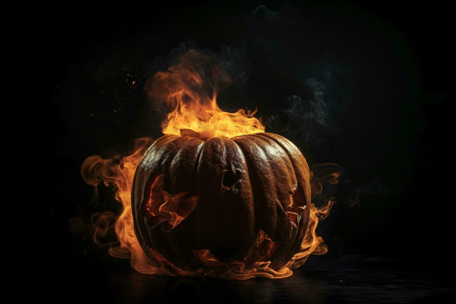 halloween pumpkin on fire, in the style of emphasis on facial expression, intense shadows, creative commons attribution, caras ionut, close up intensity, generate ai photo